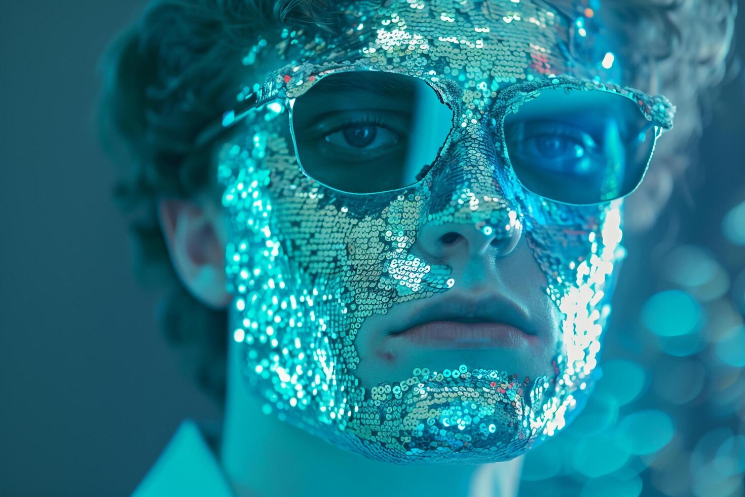 Fashionable Male Model in Sequined Face Mask with Neon Teal Modern portrait with Dynamic Urban Background photo