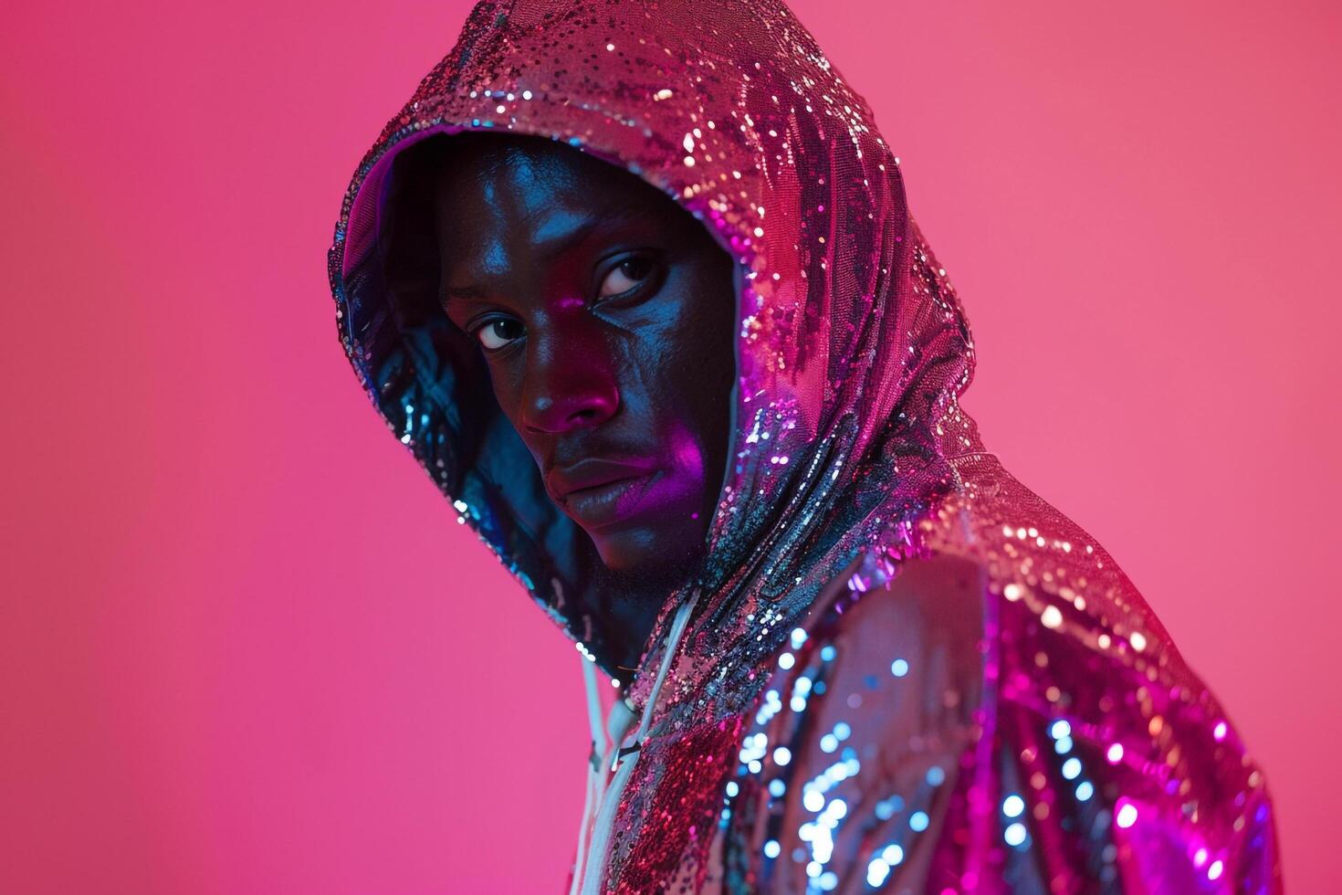 Trendy Male Fashion Male Model in Sequined Hoodie with Neon Coral Stylish portrait with Urban Lifestyle Background photo