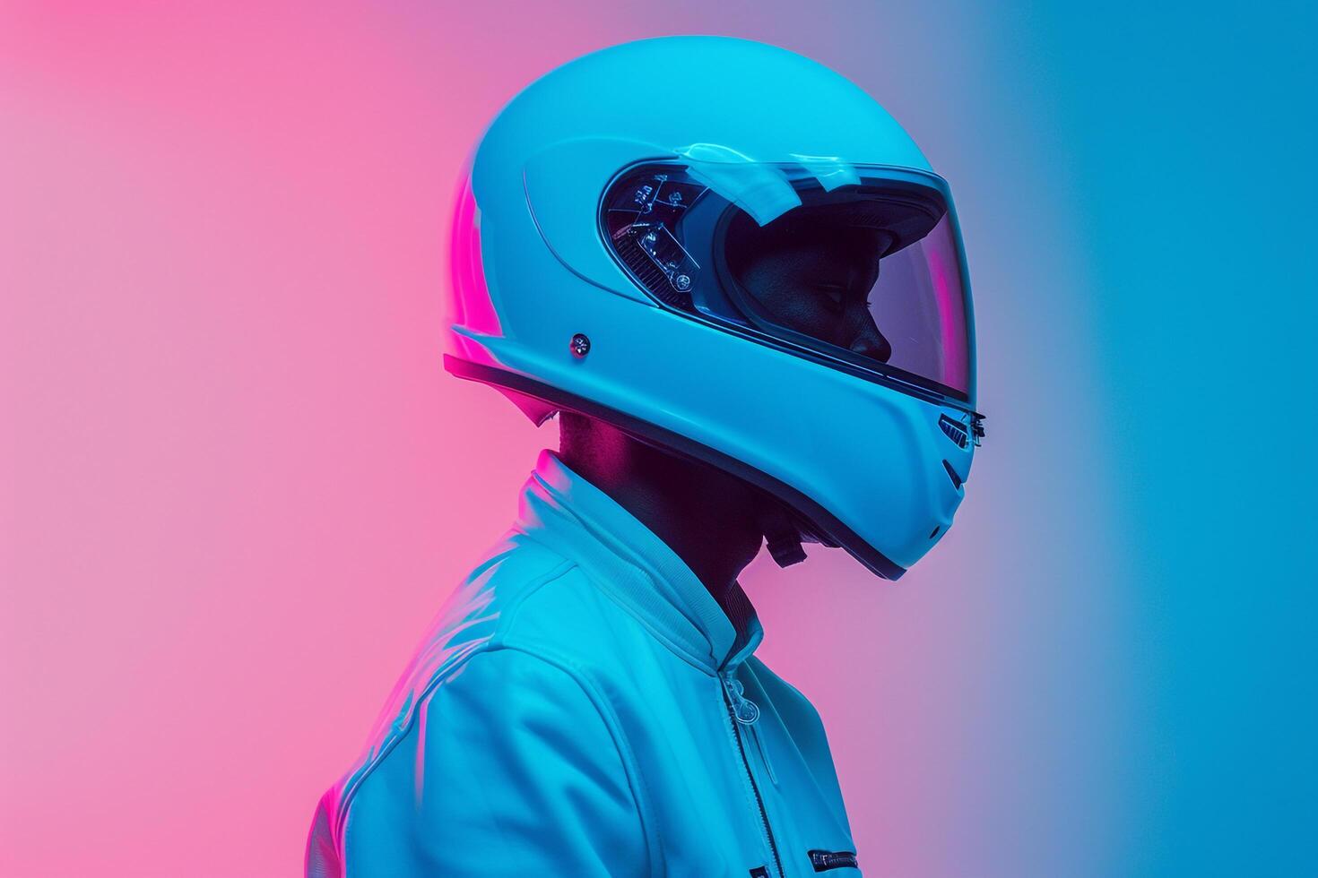 Stylish Male Model in Casual Helmet with Neon Blue Trendy portrait with Urban Fashion Setting photo
