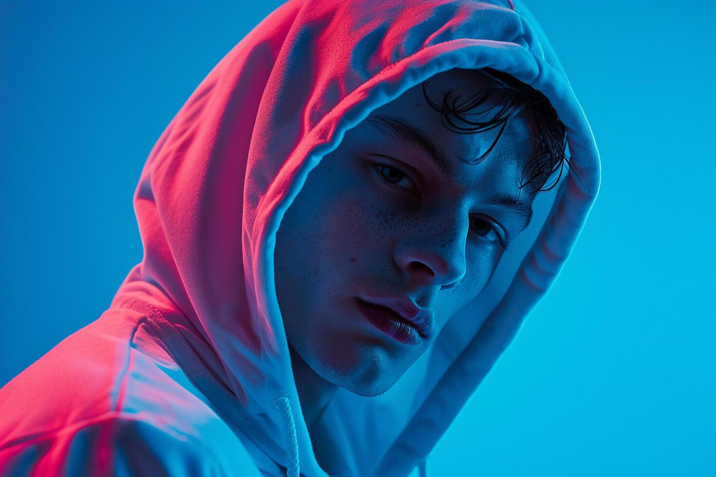 Trendy Male Fashion Male Model in Casual Hoodie with Neon Blue Stylish portrait with Urban Lifestyle Background photo