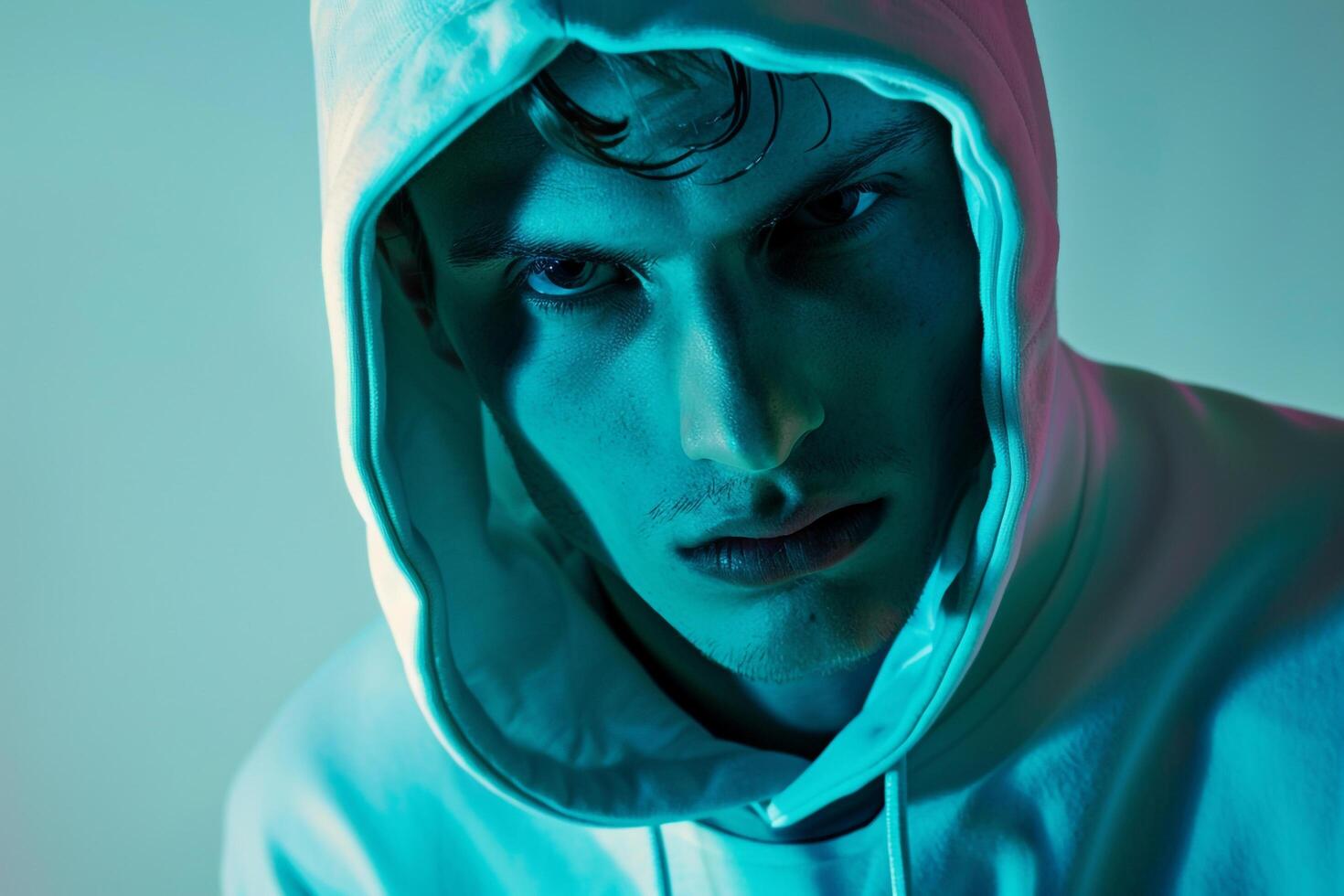 Trendy Male Fashion Male Model in Hoodie with Neon Aqua Stylish portrait with Urban Lifestyle Background photo