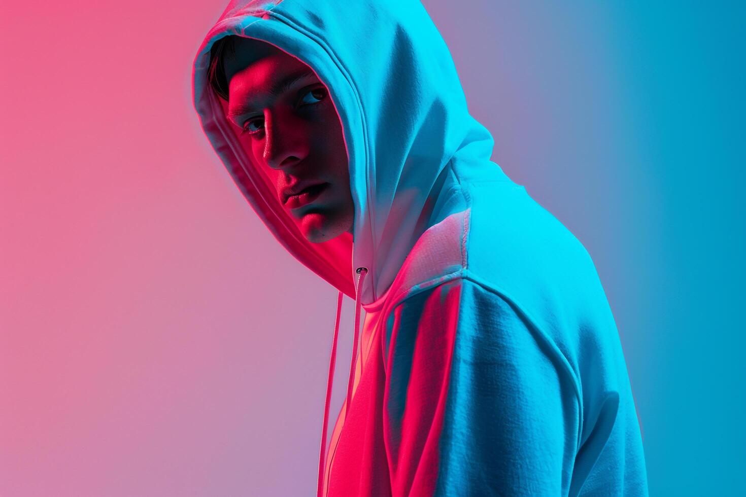 Trendy Male Model in Hoodie with Neon Aqua Chic portrait with Urban Lifestyle Background photo