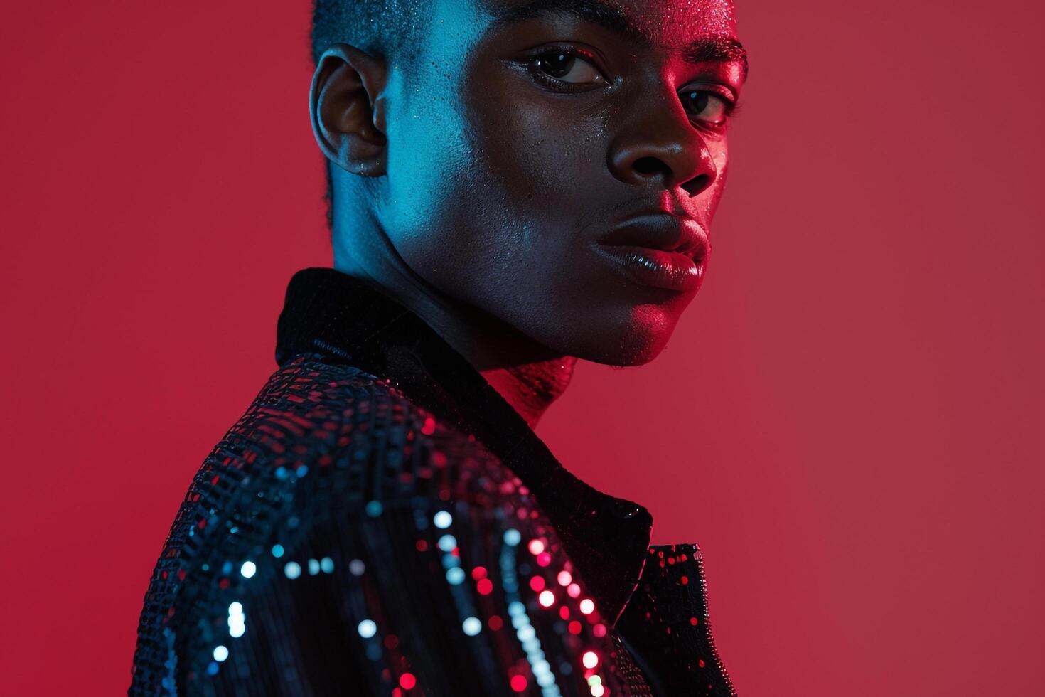 Handsome Male Model in Sequined Black Jacket with Neon Red Trendy portrait with Vibrant Urban Background photo