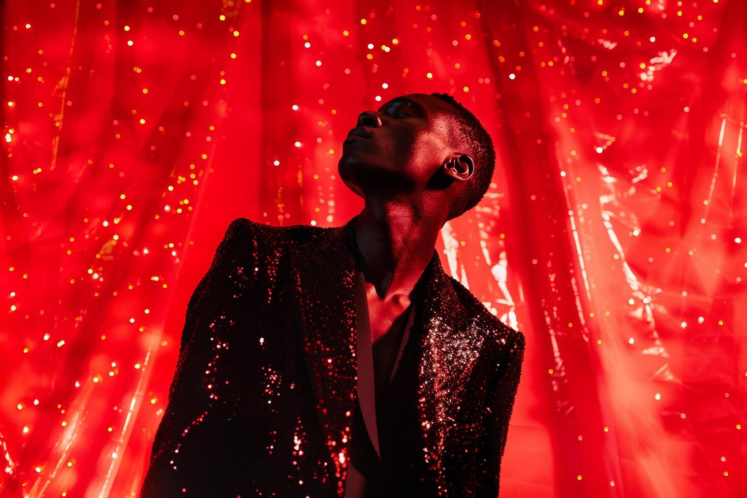 Handsome Male Model in Sequined Black Jacket with Neon Red Trendy portrait with Vibrant Urban Background photo