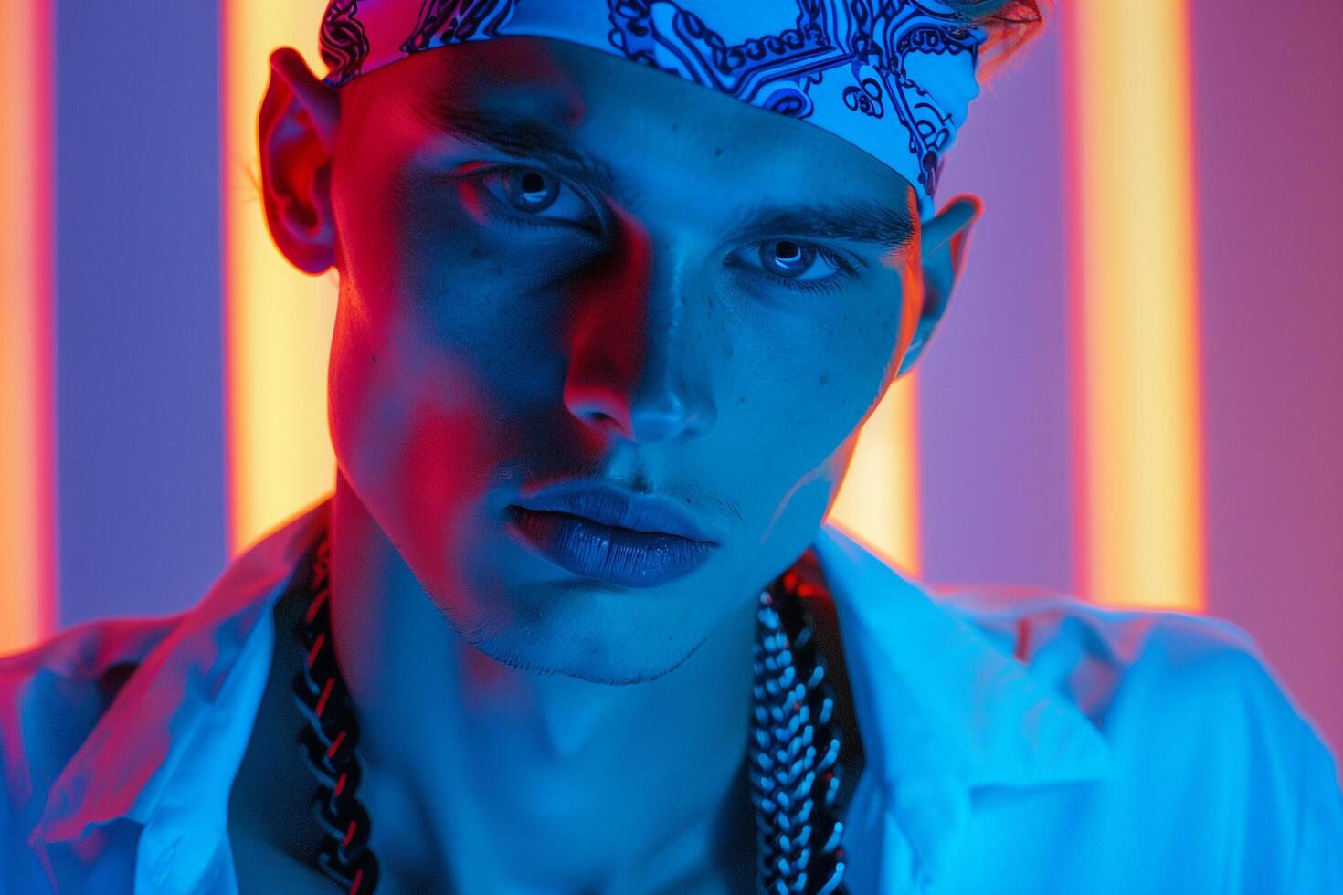 Trendsetting Male Model in ear Bandana with Neon Blue Modern portrait with Urban Background photo