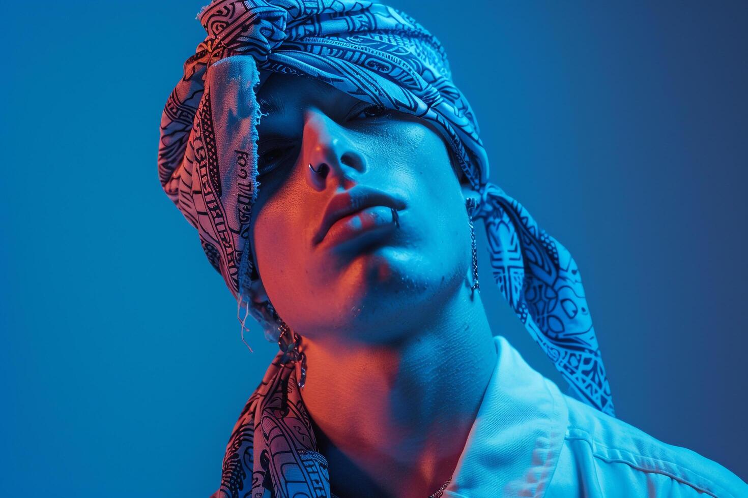 Fashionable Male Model in ear Bandana with Neon Blue Trendy portrait with Urban Lifestyle Background photo