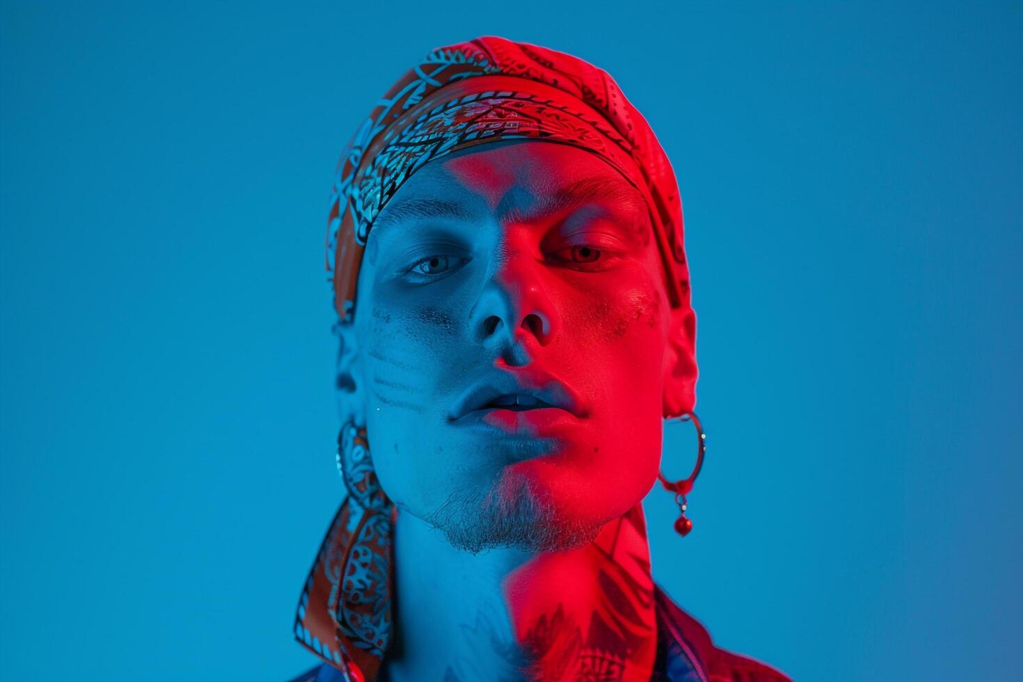 Stylish Male Model in ear Bandana with Neon Blue Fashionable portrait with Urban Setting photo