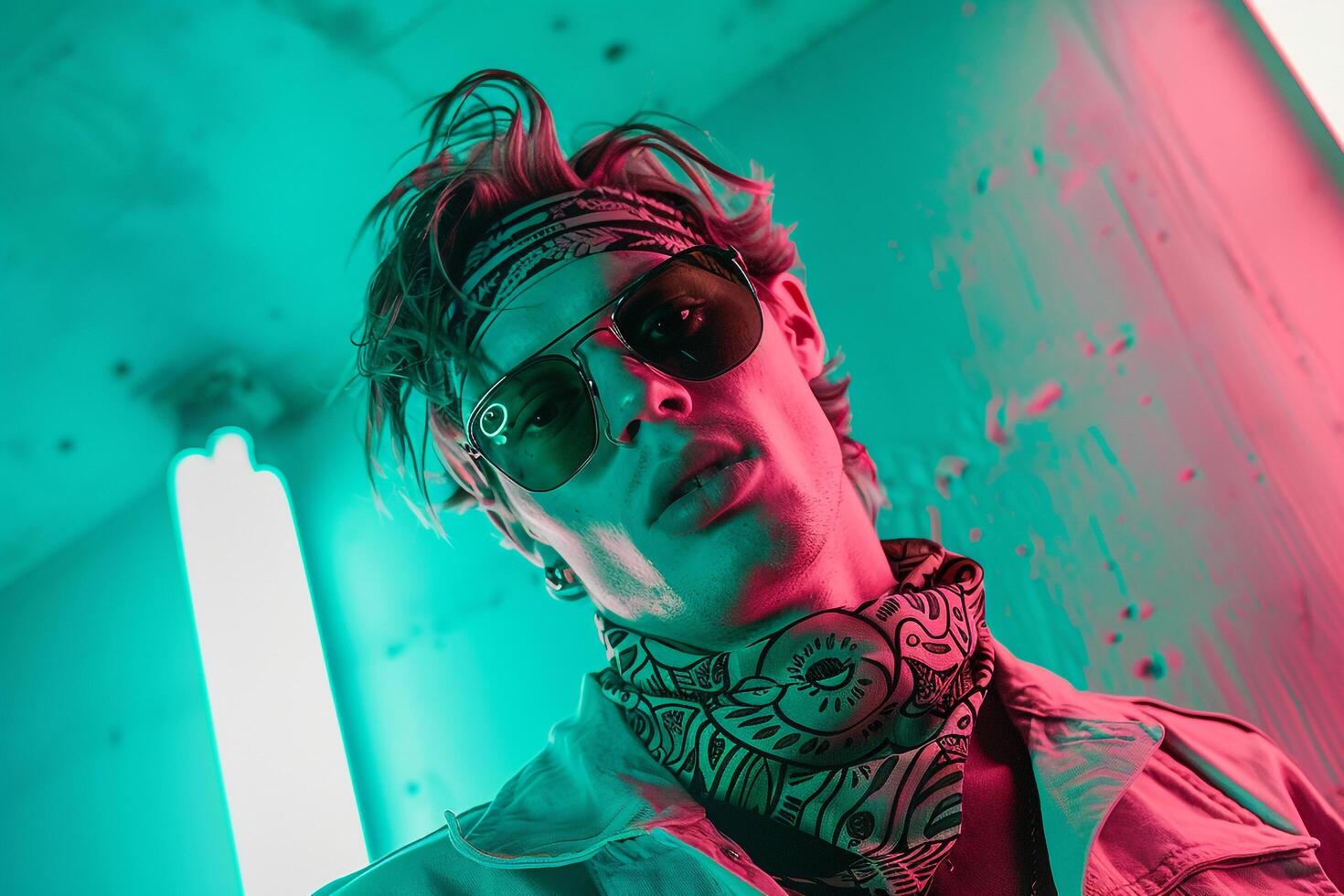 Handsome Male Fashion Male Model in Casual Bandana with Neon Teal Stylish portrait with Vibrant Urban Setting photo