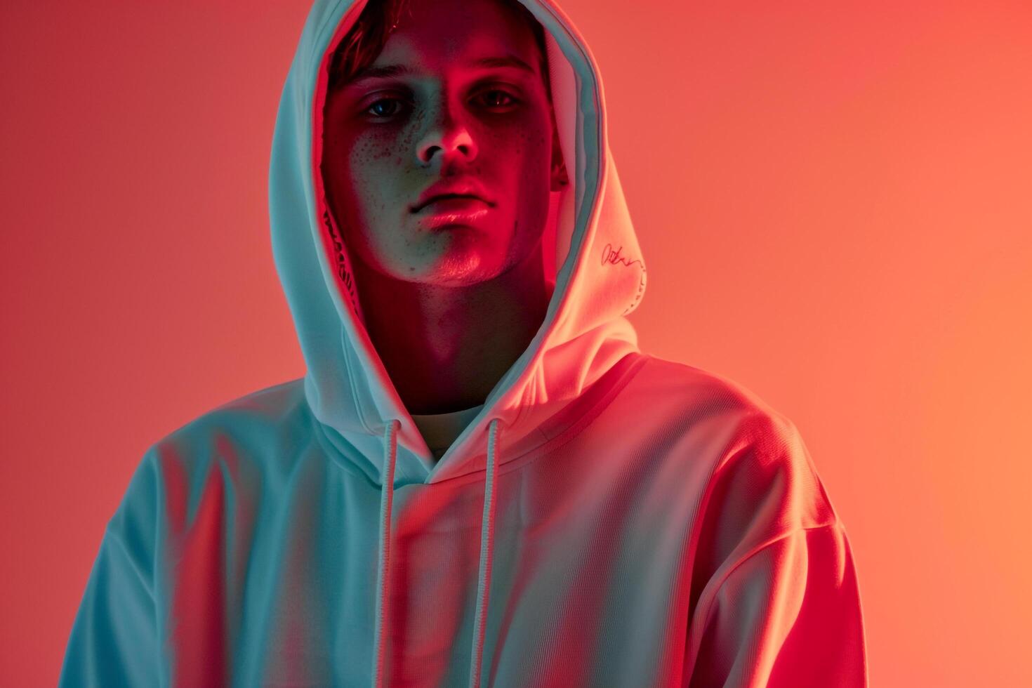 Handsome Male Model in Casual Hoodie with Neon Coral Modern portrait with Urban Lifestyle Background photo