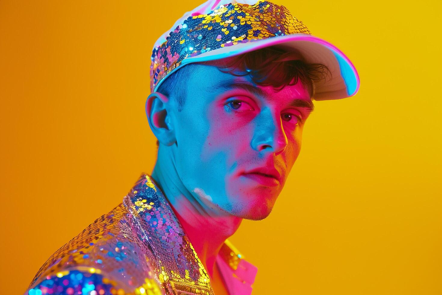 Stylish Male Model in Sequined Cap with Neon Yellow Trendy portrait with Vibrant Urban Setting photo