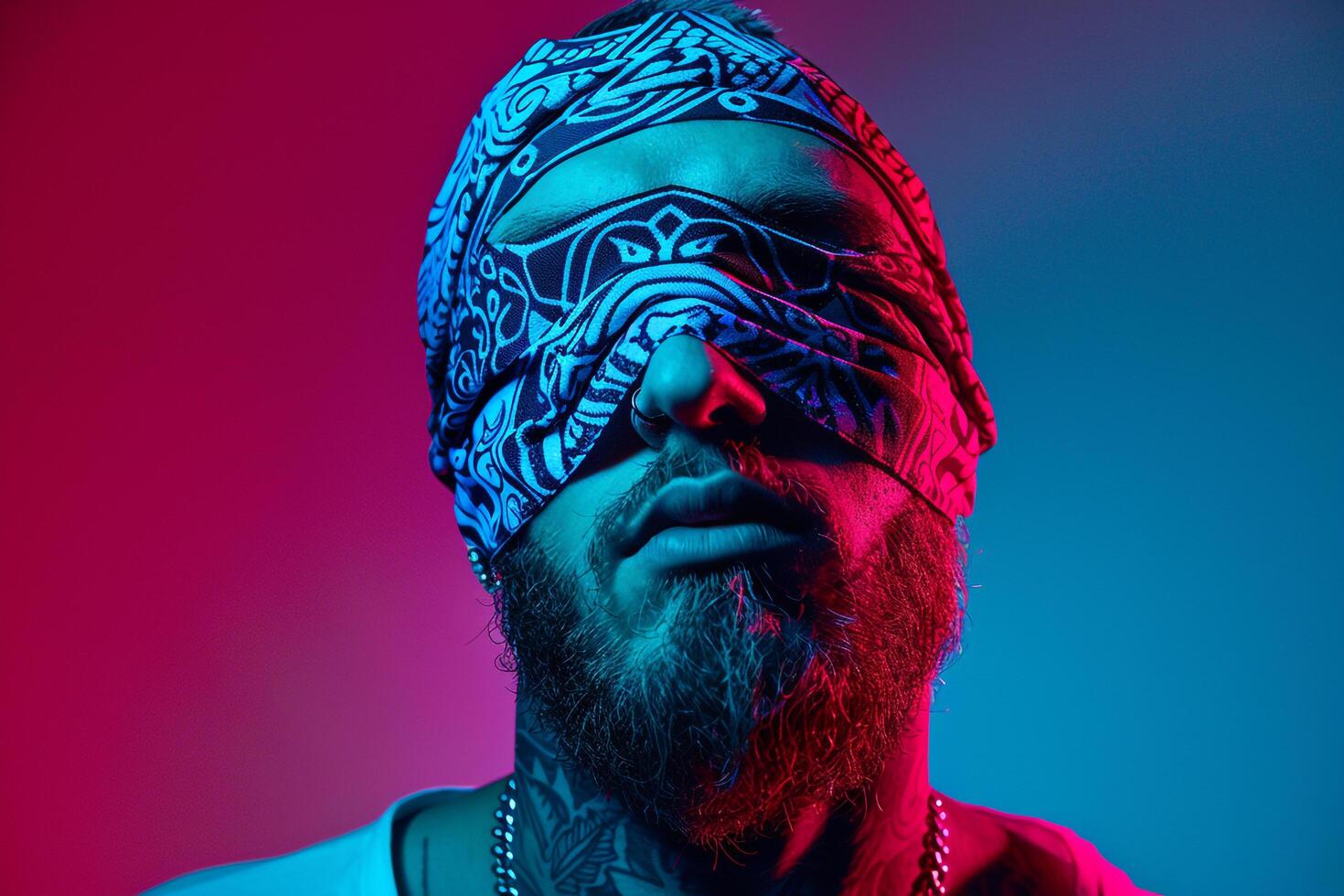 Stylish Male Model in Casual Bandana with Neon Blue Modern portrait with Urban Background photo