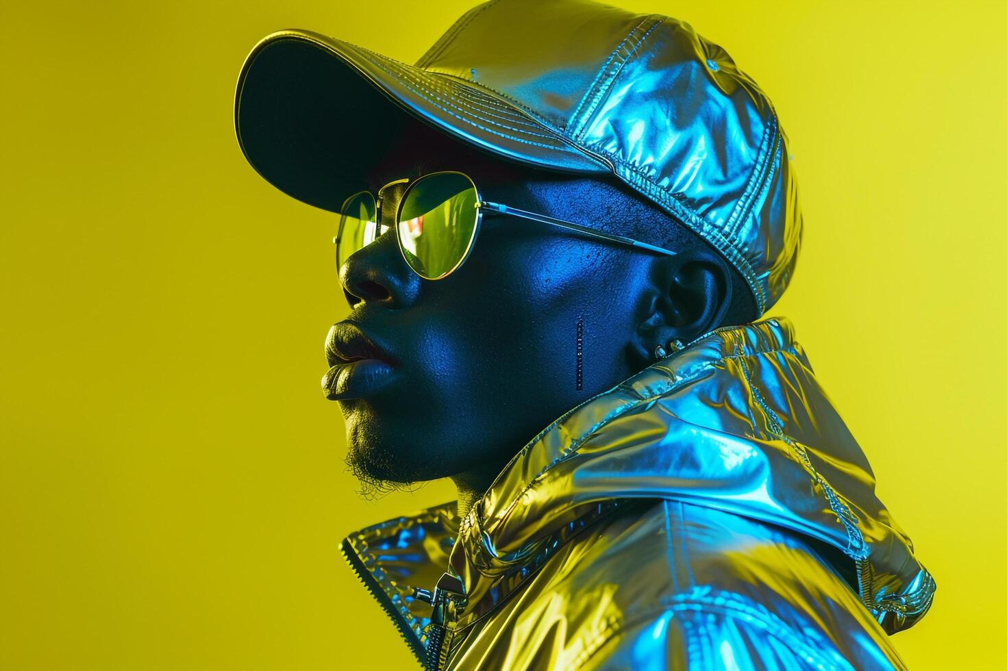 Trendsetting Male Model in Metallic Cap with Neon Yellow Modern portrait with Urban Fashion Background photo