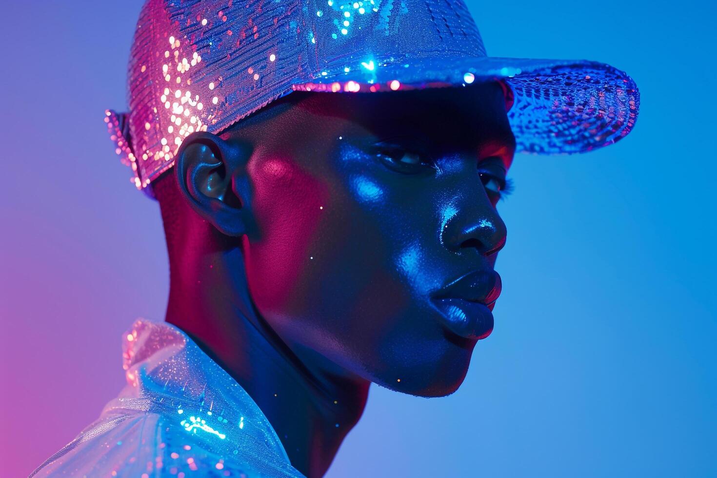 Handsome Male Model in Sequined Cap with Neon Blue Trendy portrait with Urban Setting Modern Lifestyle photography for Male photo
