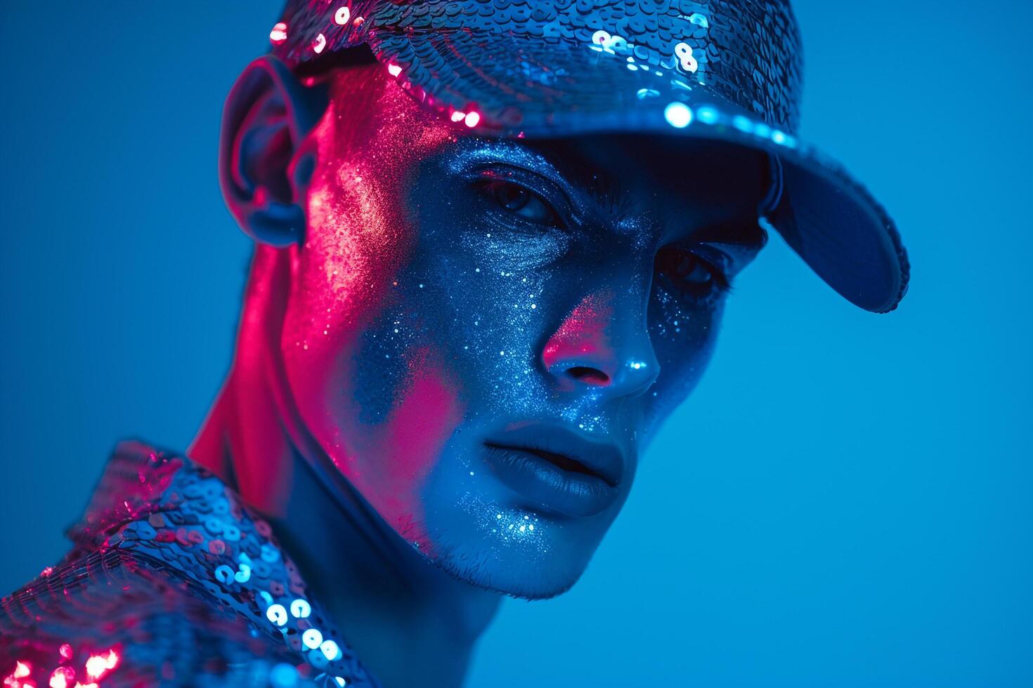 Stylish Male Model in Sequined Cap with Neon Blue Trendy portrait with Urban Background Fashionable Lifestyle photography photo