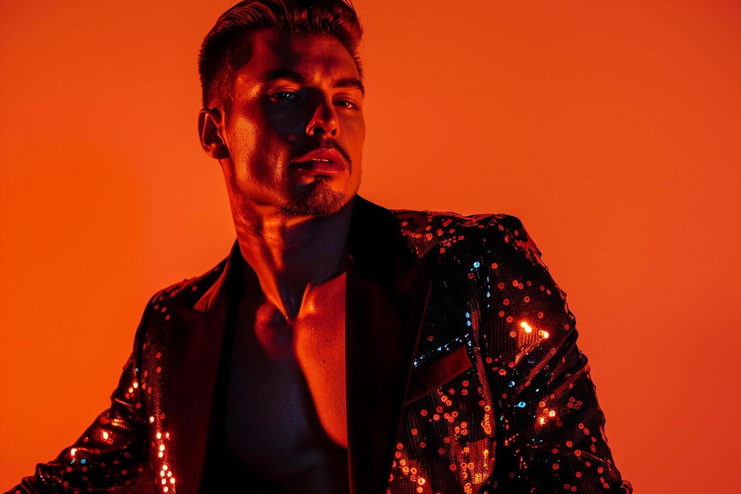 Trendy Male Model in Sequined Black Blazer with Neon Orange Stylish Urban portrait Modern Lifestyle photography for Male photo
