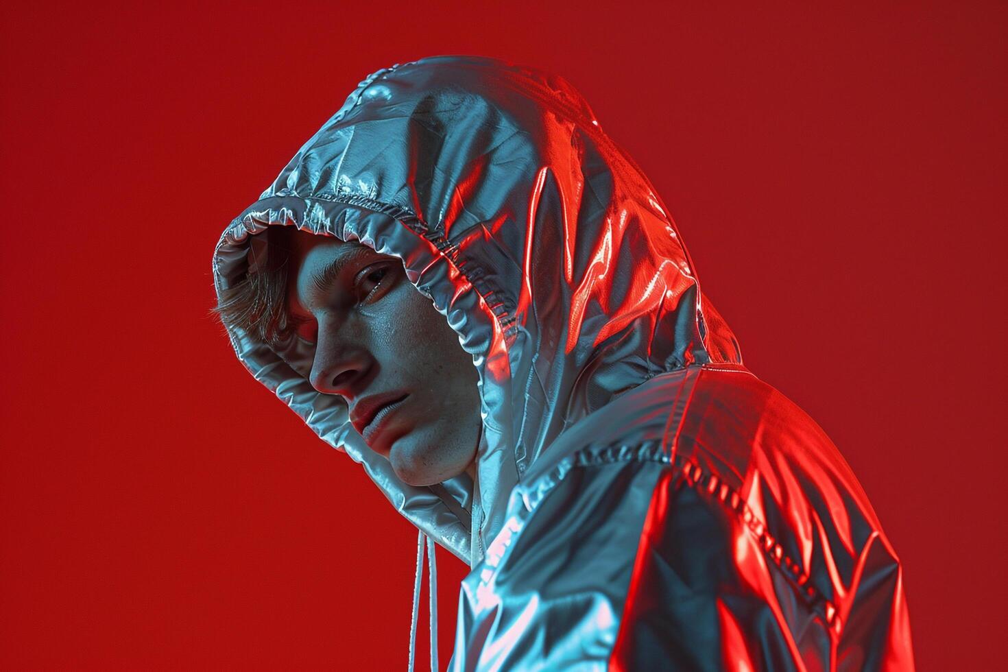 Fashionable Male Model in Silver Hoodie with Neon Red Trendy Urban portrait Modern Lifestyle photography with Chic Setting photo