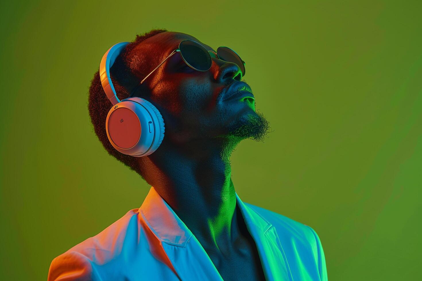 Stylish Male Model in Luxurious Headphones with Neon Green Trendsetting Urban portrait Modern Lifestyle photography photo