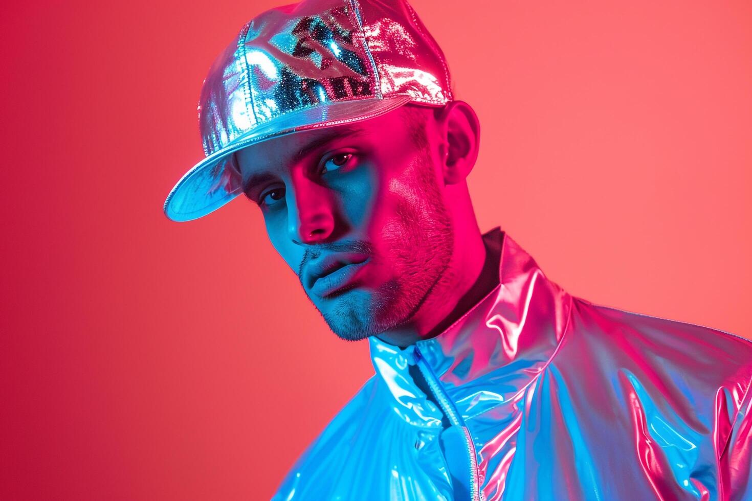 Trendsetting Male Model in Metallic Cap with Neon Coral Stylish Urban portrait Modern Lifestyle photography photo