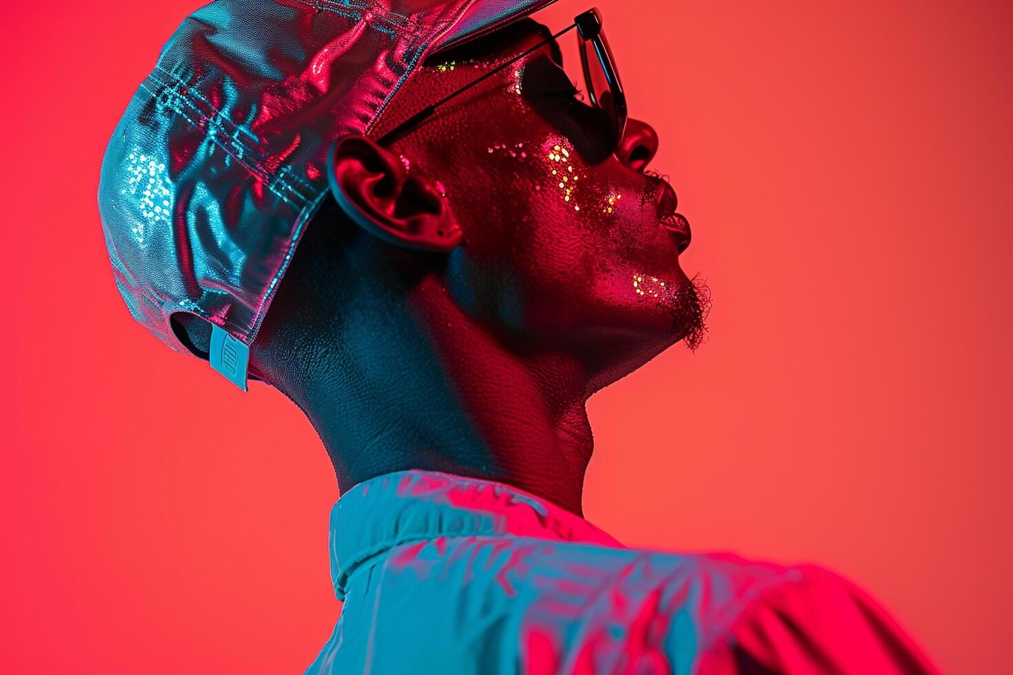 Stylish Male Model in Metallic Cap with Neon Coral Trendsetting Urban portrait Modern Lifestyle photography photo