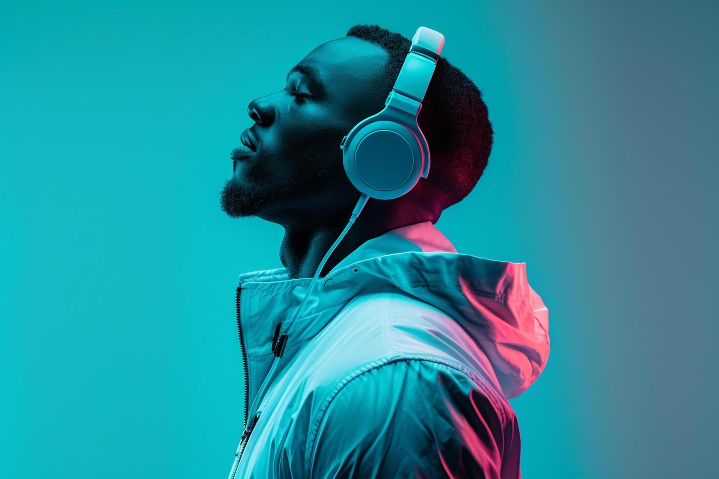Stylish Male Model in Casual Headphones with Neon Teal Trendsetting Urban portrait Modern Lifestyle photography photo