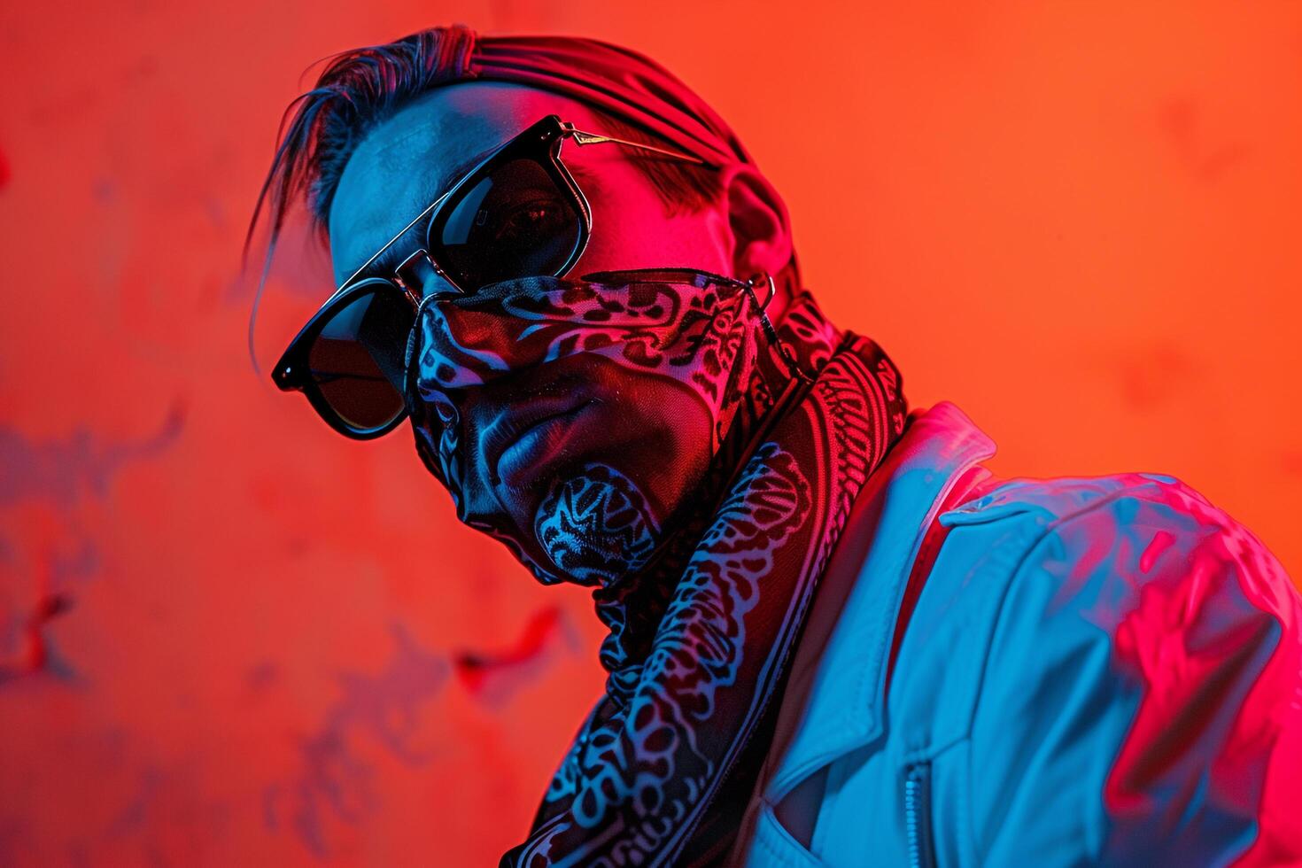 Handsome Male Model in Luxurious Bandana with Neon Coral Trendsetting Urban portrait Modern Lifestyle photography photo