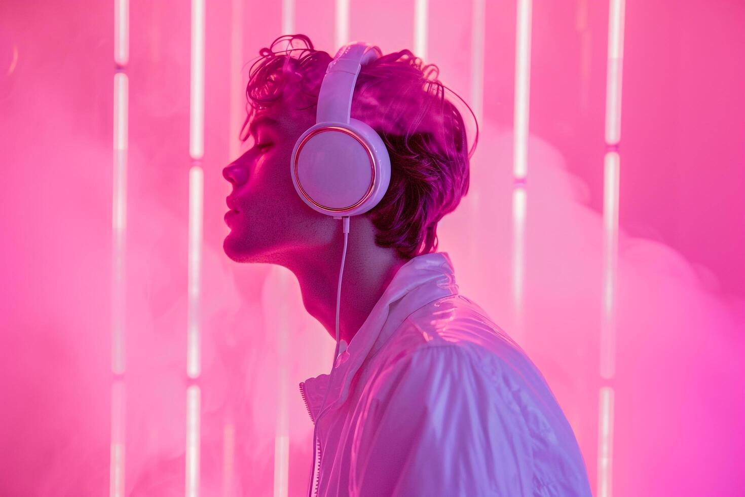 Handsome Male Model in Gold Tinted Headphones with Neon pink Trendsetting Urban portrait Modern Lifestyle photography photo