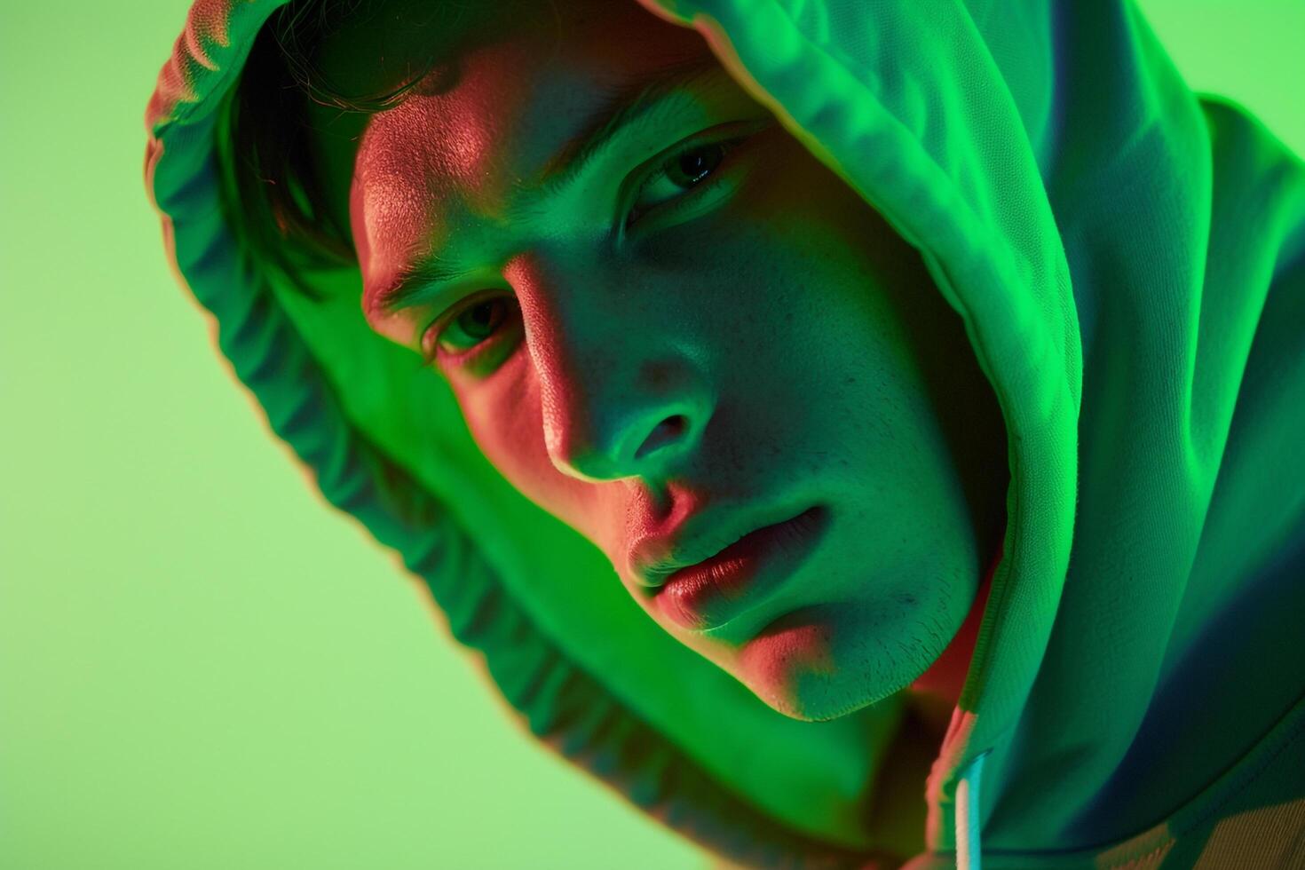 Fashionable Male Model in Casual Hoodie with Neon Green Trendsetting Urban portrait Modern Lifestyle photography photo