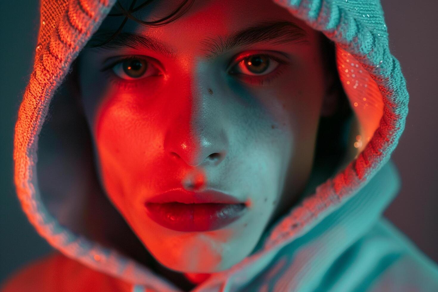 Handsome Male Model in Casual Hoodie with Neon Coral Chic Urban portrait Modern Lifestyle photography photo