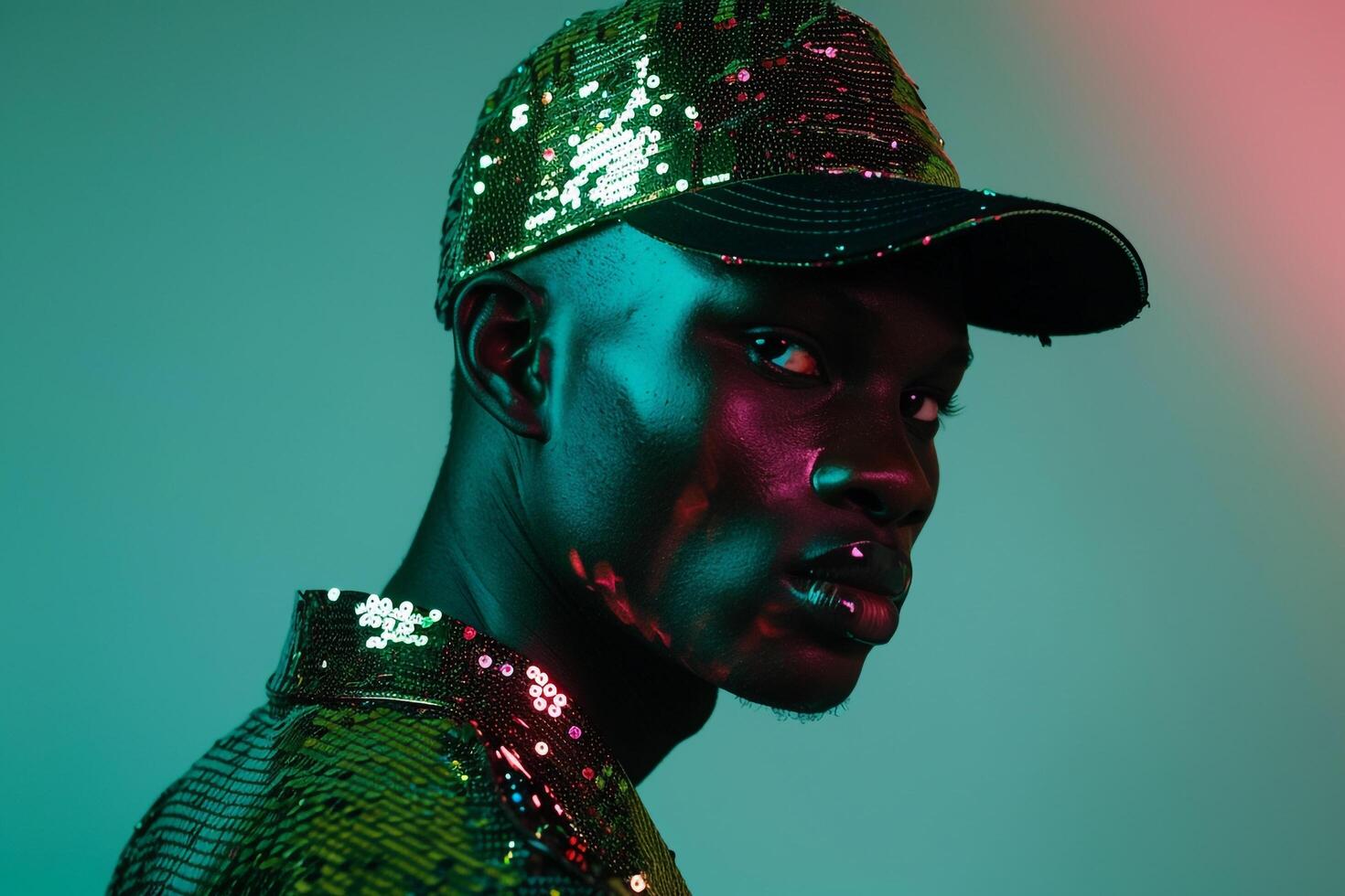Trendsetting Male Model in Sequined Cap with Neon Green Stylish Urban portrait Modern Lifestyle photography photo