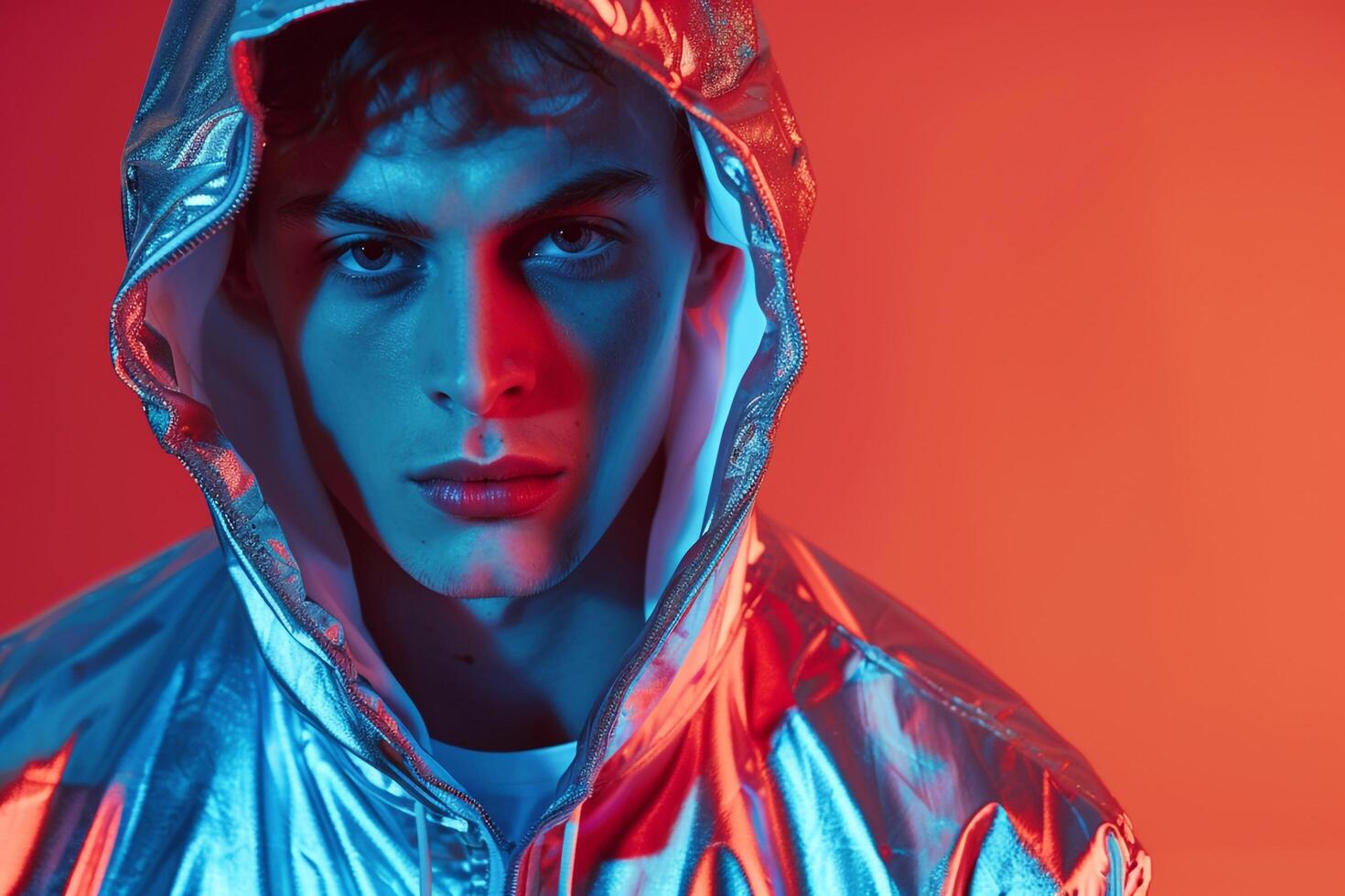 Handsome Male Model in Sequined Cap with Neon Aqua Trendsetting Urban portrait Modern Lifestyle photography photo