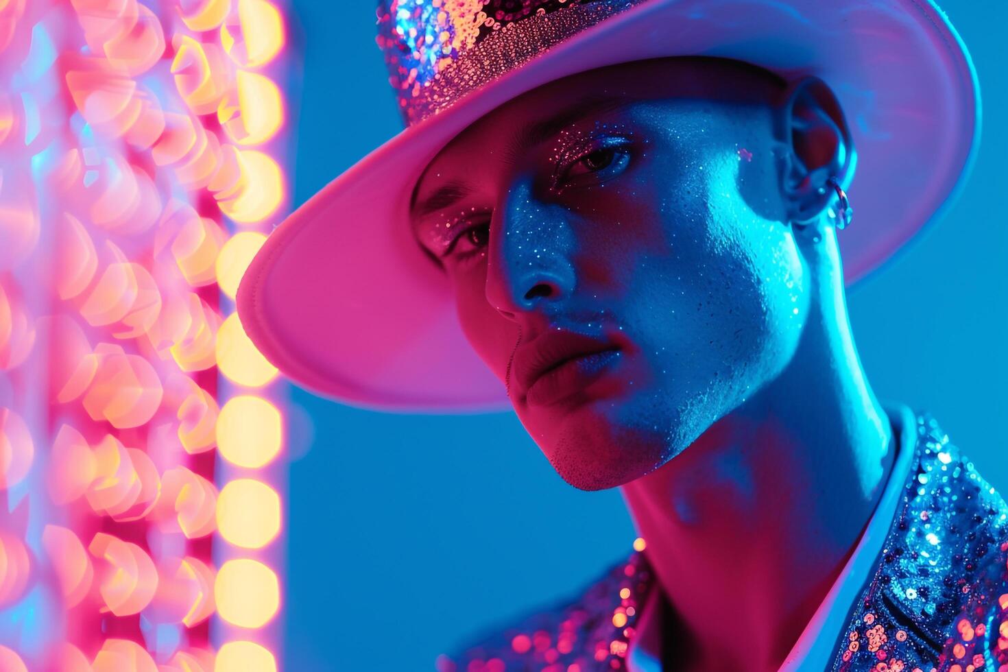 Stylish Male Model in Sequined Cap with Neon Aqua Fashionable Urban portrait Modern Lifestyle photography photo