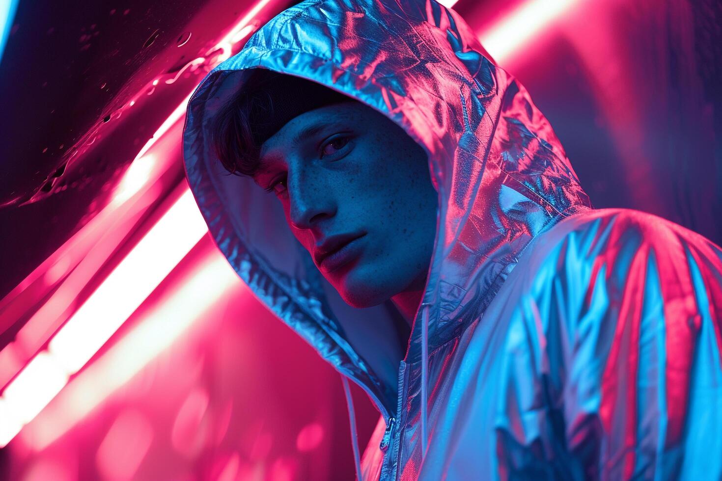 Trendy Male Model in Sequined Cap with Neon Aqua Stylish Urban portrait Modern Lifestyle photography photo