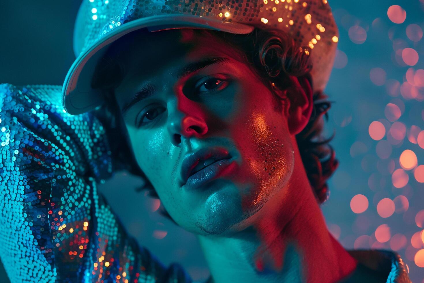 Stylish Male Model in Sequined Cap with Neon Aqua Trendsetting Urban portrait Modern Lifestyle photography photo