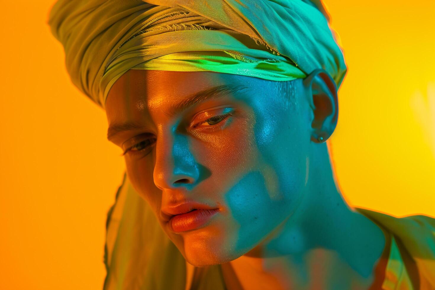 Trendy Male Model in Casual Bandana with Neon Yellow Chic Urban portrait Contemporary Lifestyle photography photo