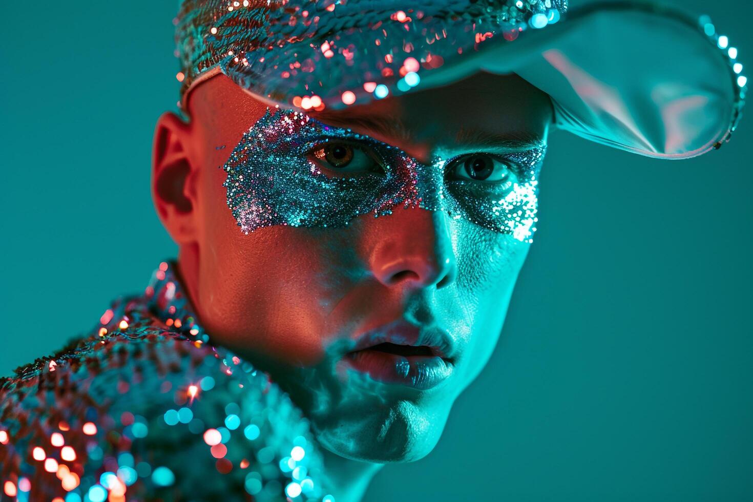 Fashionable Male Model in Sequined Cap with Neon Teal Modern Urban portrait Trendy Lifestyle photography photo