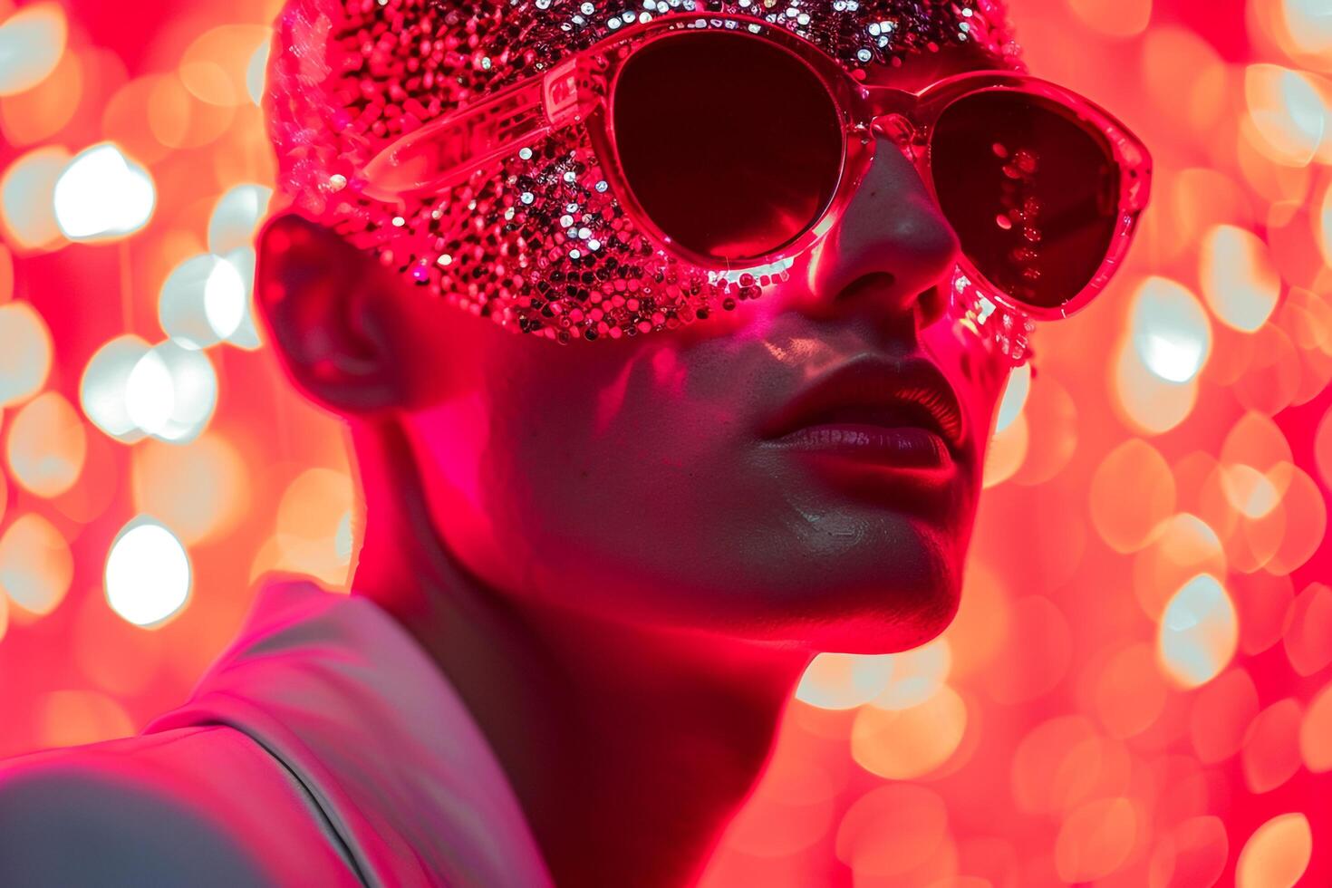 Trendy Fashion Male Model in Sequined Face Mask with Neon Red Modern Urban portrait with a Bold Neon Aesthetic photo