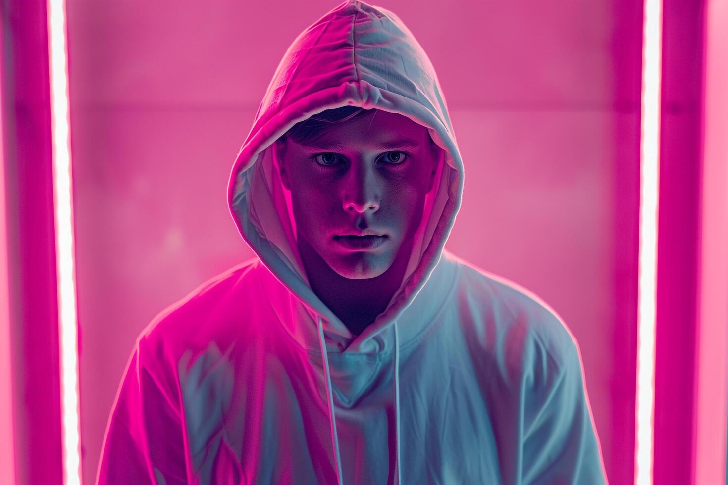 Trendy Fashion Male Model with Neon pink Casual Hoodie Vibrant Urban portrait with a Stylish Background photo
