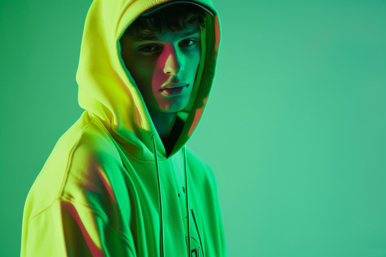 Stylish Fashion Male Model in Neon Green Casual Hoodie Trendy Urban portrait with a Modern Neon Aesthetic photo