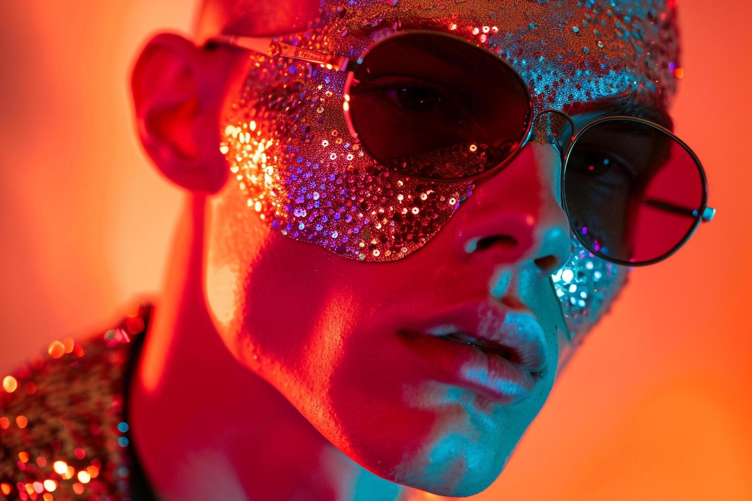 Handsome Fashion Male Model in Sequined Face Mask with Neon Coral Trendsetting Urban portrait with a Stylish Neon Background photo