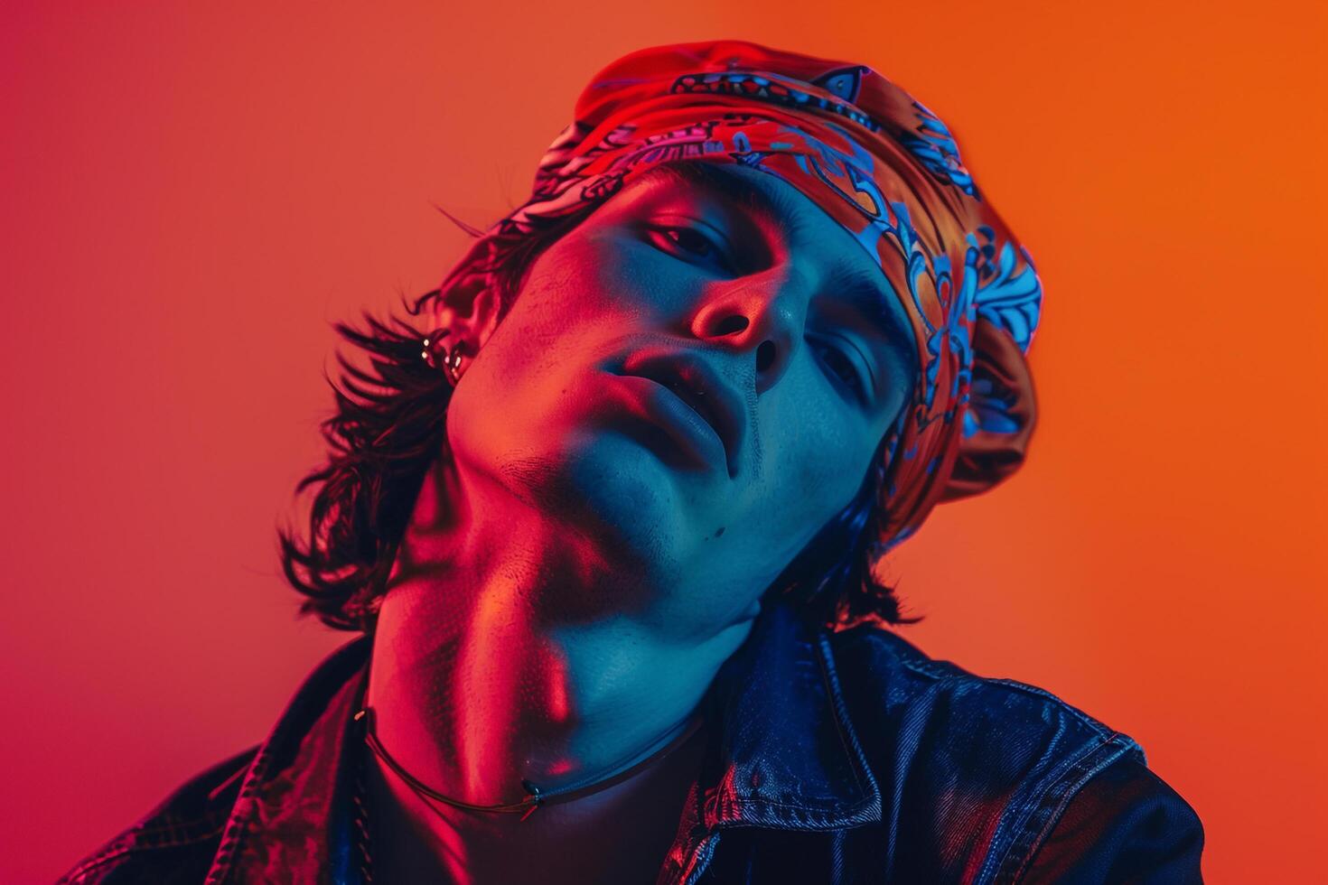 Handsome Fashion Male Model in Neon Coral Luxurious Bandana Trendsetting Urban portrait with a Stylish Neon Backdrop photo