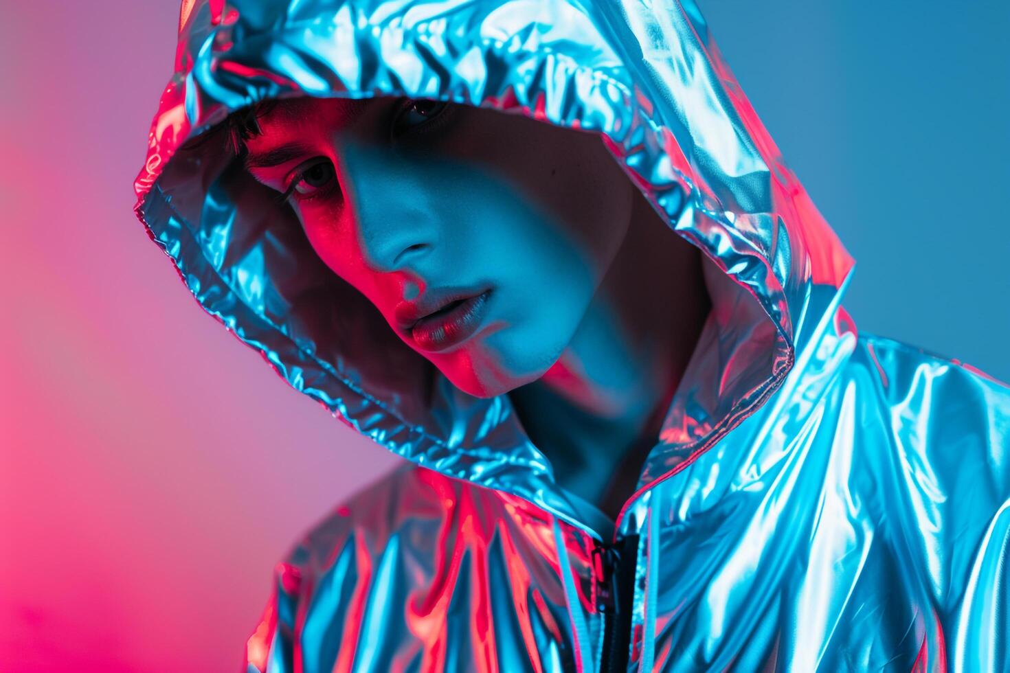Stylish Fashion Male Model in Silver Hoodie with Neon Aqua Trendsetting Urban portrait with a Modern Aesthetic photo