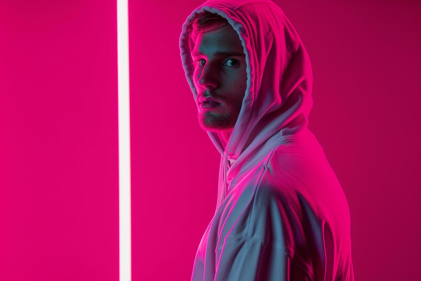 Handsome Fashion Male Model in Gold Face Mask with Neon Gold Modern Urban portrait with a Stylish Neon Background photo