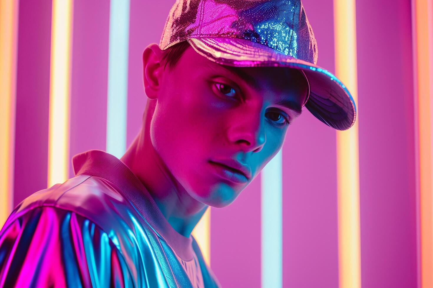 Trendy Fashion Male Model in Neon Gold Casual Hoodie Modern Urban portrait with Chic Neon Gold Backdrop photo