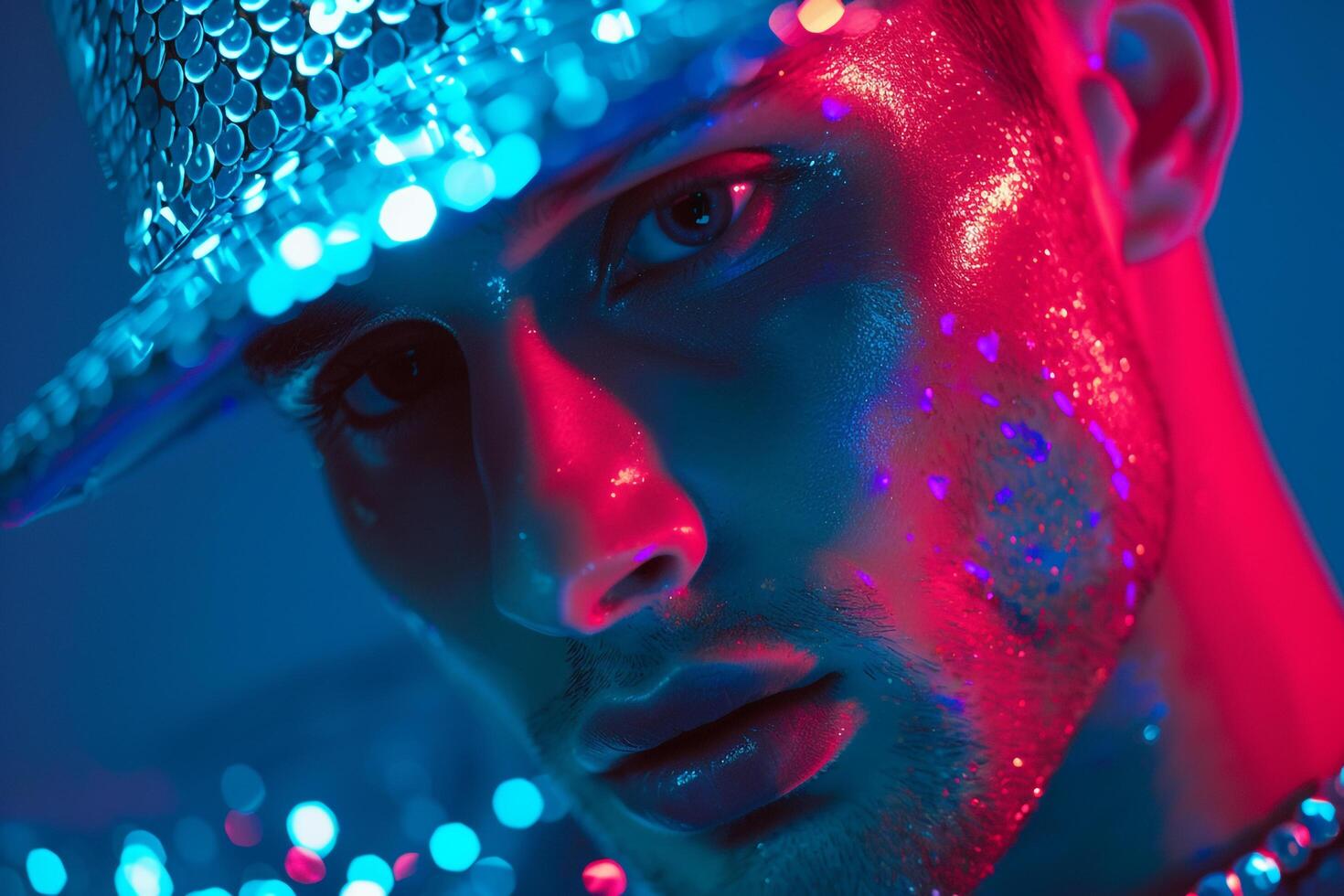 Male Model in Sequined Cap with Neon Blue Background Stylish Urban portrait with Trendy Neon Blue Setting photo