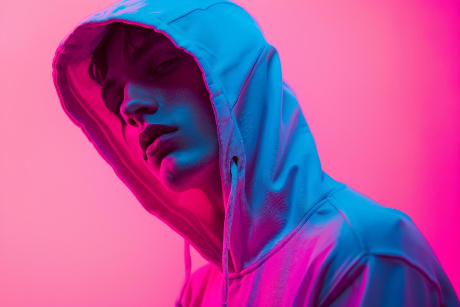 Trendy Fashion Male Model in Casual Hoodie with Neon pink Background Stylish Urban portrait with Contemporary Neon pink Setting photo