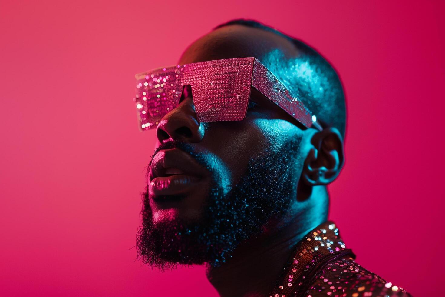 Stylish Fashion Male Model in Sequined eyewear with Neon Coral Background Trendsetting Urban portrait with Chic Neon Coral Setting photo