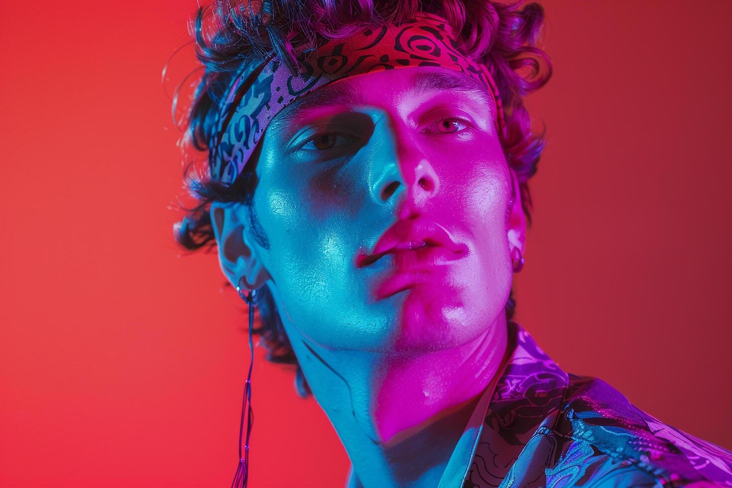 Fashion Male Model in Casual Bandana with Neon Coral Background Trendy Urban portrait Featuring Vibrant Neon Coral Setting photo