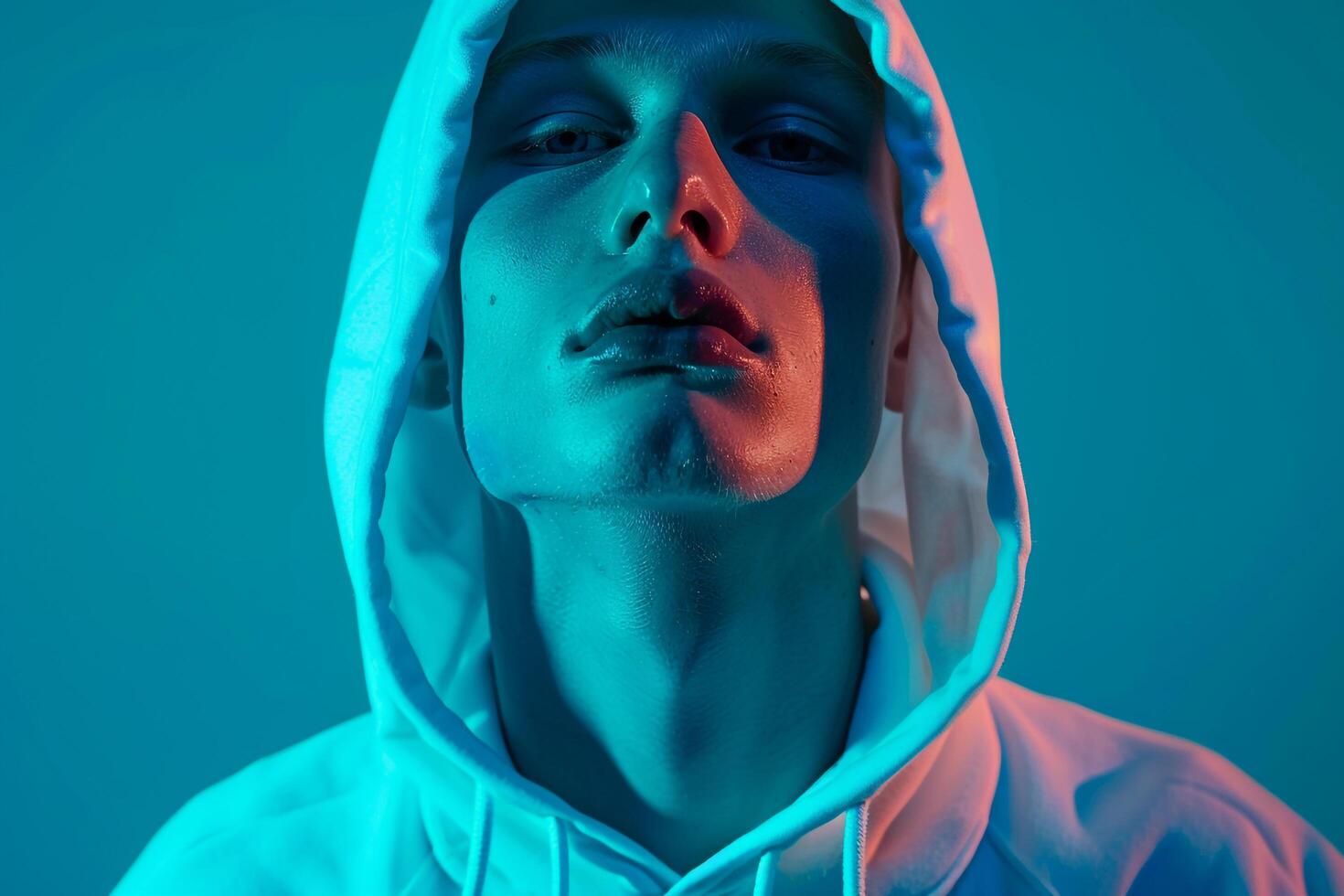 Handsome Fashion Male Model in Casual Hoodie with Neon Aqua Lifestyle portrait Featuring Vibrant Neon Aqua Background photo