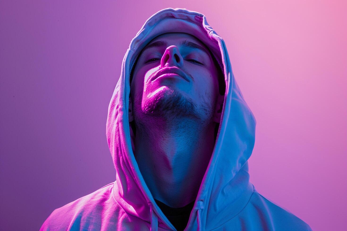 Handsome Fashion Male Model in Silver Hoodie with Neon purple Lifestyle portrait Featuring Chic Neon purple Setting photo