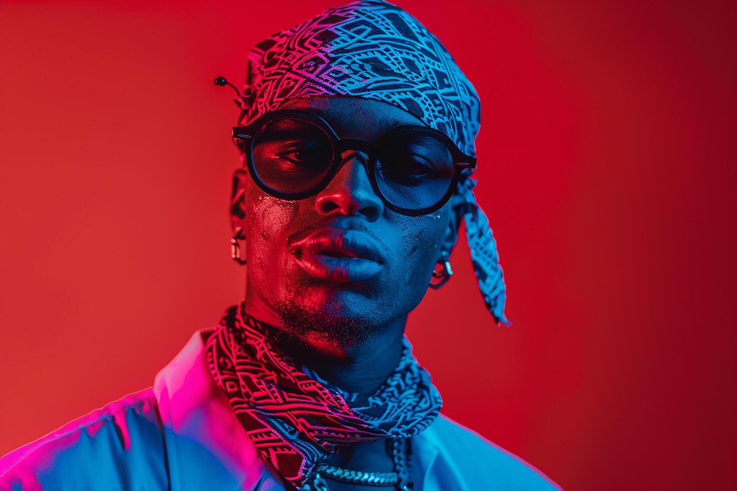 Trendy Fashion Male Model in Luxurious Bandana with Neon Red Modern portrait Featuring Vibrant Neon Red Background photo